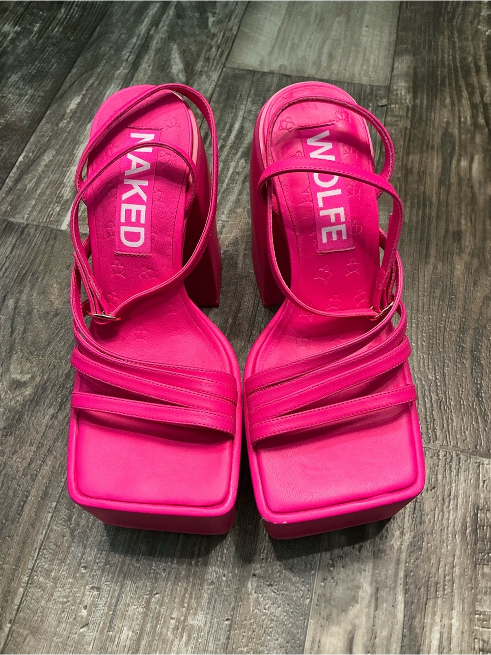NWOT Naked Wolfe Vibrant Pink Strappy Platform Sandals Size 9